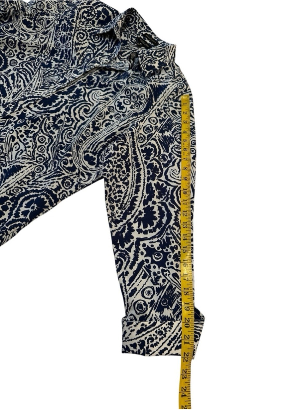 Foxcroft Chic Button-down Blouse Womens 14 Blue White Eclectic Floral Art Summer - Picture 15 of 17